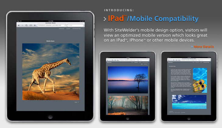 IPad - Mobile Compatibility: With SiteWelders mobile design option, visitors will view an optimized mobile version which looks great on an IPadTM, IPhoneTM or other mobile devices.