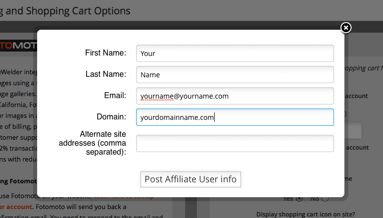 Fotomoto dialogue setup